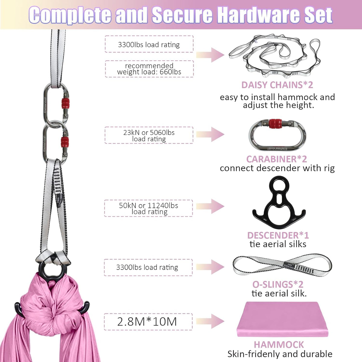 Aerial Silks Kit & Aerial Yoga Hammock - 11Yd Premium Fabric Hardware - Easy Setup for Flying Yoga, Aerial Swing & Fitness - Supports Up to 14ft Rigging