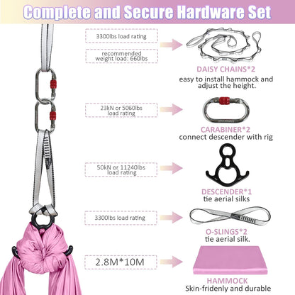 Aerial Silks Kit & Aerial Yoga Hammock - 11Yd Premium Fabric Hardware - Easy Setup for Flying Yoga, Aerial Swing & Fitness - Supports Up to 14ft Rigging