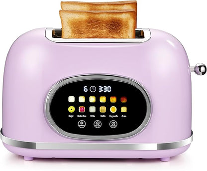 Roter Mond 2 Slice Toaster Smart Touch Screen, Retro Stainless Steel Bread Toaster with Digital Timer, Sleep Mode, Bagel, Cancel, and Defrost Functions, 6 Bread Types and Shade Settings, Light Purple