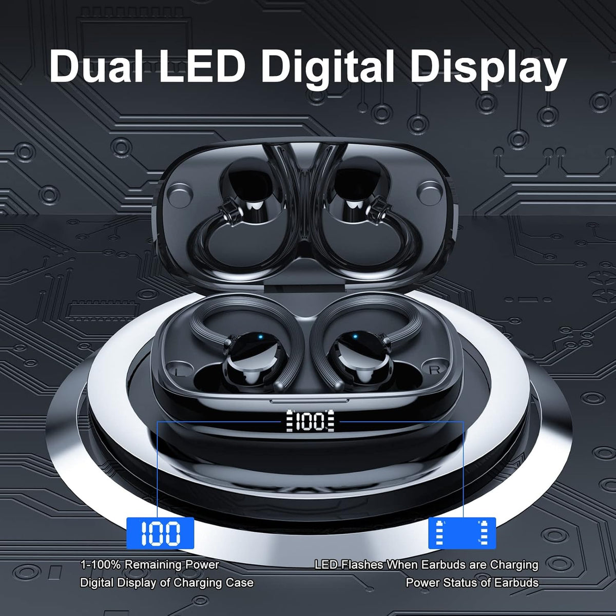 Wireless Earbuds, HiFi Stereo Sport Bluetooth 5.3 in-Ear Headphones with Earhooks, 48H Deep Bass, LED Display, Noise Cancelling, IP7 Waterproof Earphones Built-in Microphone for Running