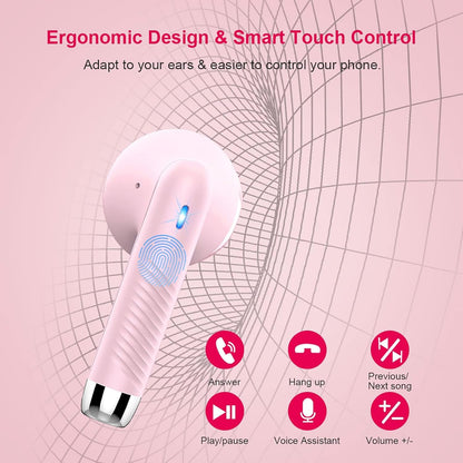 Wireless Earbuds, Bluetooth 5.4 Earbuds Stereo Bass, Bluetooth Headphones in Ear Noise Cancelling Mic, Wireless Earphones IP7 Waterproof Sports, 32H Playtime Mini USB C Charging Ear Buds Light Pink