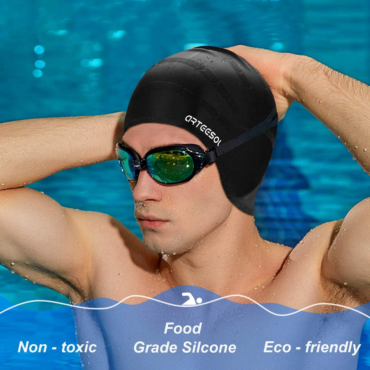 Swimming Cap, Silicone Swim Cap for Women Men, Durable Non-Slip Waterproof Swim Cap Protect Ears, Long Hair for Adults, Older Kids