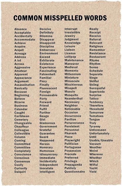 Commonly Misspelled Words Poster Writing Spelling For Elementary Middle Or High School Classroom Cool Wall Art Print Poster 12x18