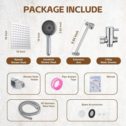Shower Head,10”Rain Shower Head with Handheld Spray Combo and Adjustable Extension Arm/3-Way Flow Regulator/Shower System,High Pressure Rain Fall Hose,Chrome
