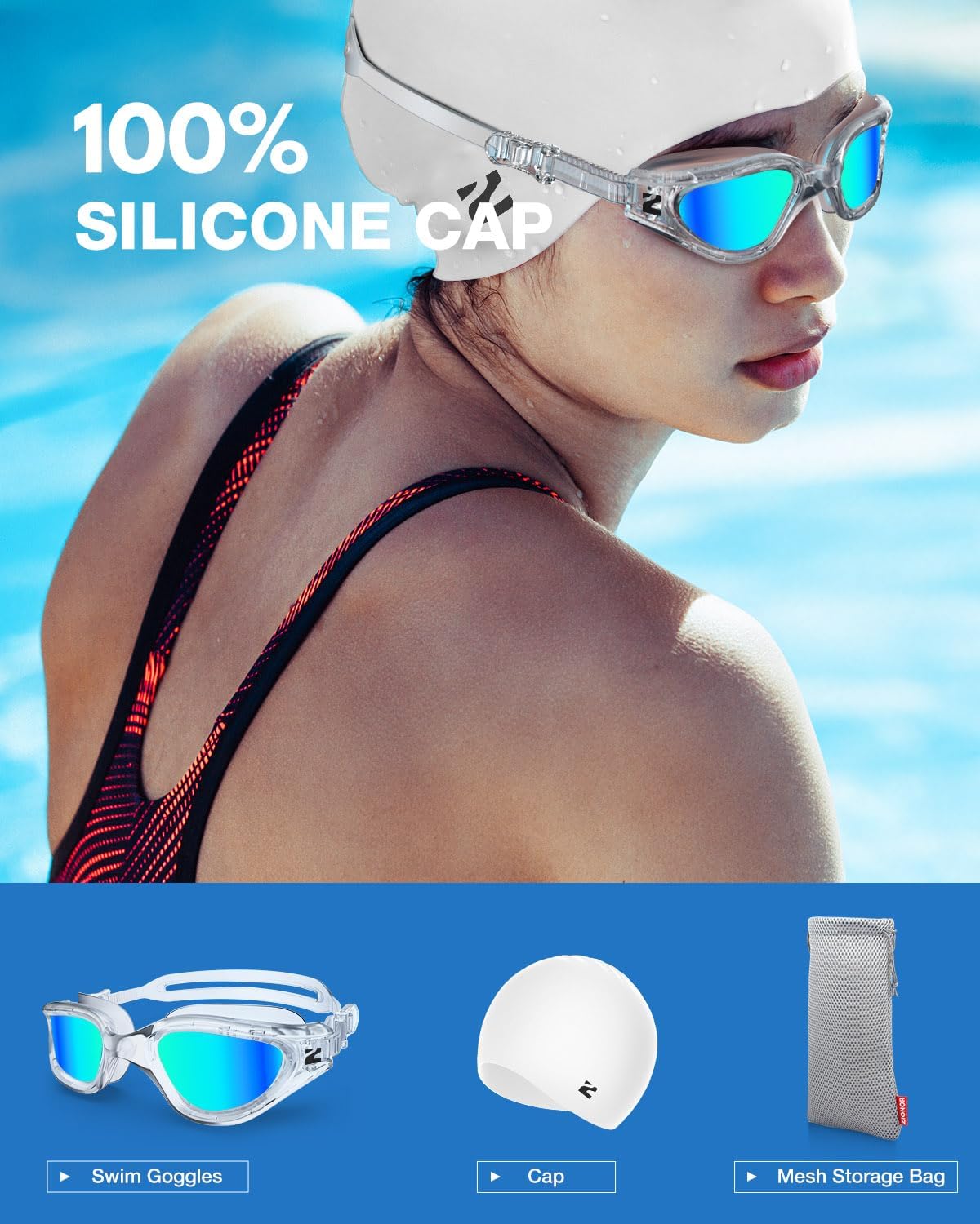 ZIONOR G1 Lite Swim Goggles with Swim Cap Comfortable Anti-fog Swimming Goggles Cap Set for Adult Men Women