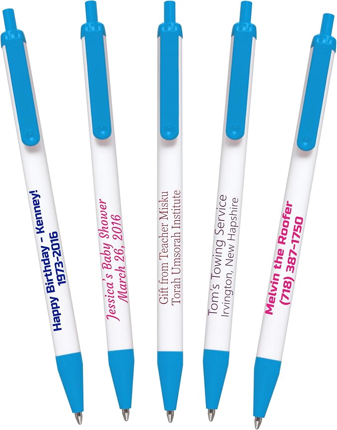 USA Made, Personalized Writing Ink Ballpoint Novelty Pens, Custom Printed with Your Logo & Text (Pack of 500 White Pens with Light Blue Trim)