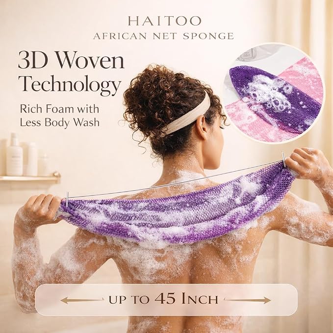 African Net Sponge Authentic, 6 Pieces African Exfoliating Net Sponge Body Back Scrubber Exfoliating Washcloth for Shower Bath for All Types Skin (Black+Purple+Pink+Blue+Olive Green+Gold, 6 Pcs)
