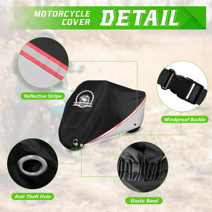 COVERVIN Motorcycle Cover, All Weather Outdoor Waterproof Night Protection with Reflective Strips, Locking Holes and Storage Bag for 86 Inch Suzuki, Kawasaki, Honda, Harley-Davidson(Silver M)