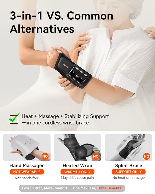 MAXease Cordless Heated Wrist Brace for Pain Relief, Warmer & Massager for Carpal Tunnel & Arthritis, Wrist Heating Pad with Splint for Hand Joint & Night Support, FSA&HSA, Size M, Left