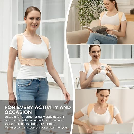 Posture Corrector for Women and Men, Adjustable Upper Back Brace for Clavicle Support and Providing Pain Relief from Neck, Shoulder, and Upper Back (Beige, Small/Medium)