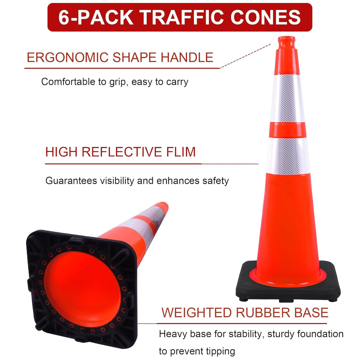 OrangeStar 6-Pack 28" Traffic Cones, Orange Safety Cones with Reflective Collars, Weighted Rubber Base for Construction, Parking Lot, Road Work, Flexible PVC, Indoor & Outdoor Use