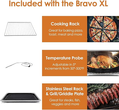 NUWAVE Bravo XL Air Fryer Convection Toaster Oven Countertop, 112-in-1 Smart Grill Combo with Original Flavors & Marks, Adjustable Heating Zones for Pizza, Roast, Bake, 50-500°F, Stainless Steel, 30QT