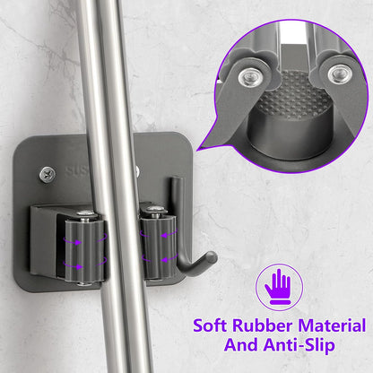 Broom Holder Wall Mount Screw Drilling, Sturdy Heavy Duty Stainless Steel Mop Gripper Rack Perforated, Perfect for Laundry Room Organizer, Fit with Laundry Kitchen Garage Garden Storage System