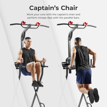 Sunny Health & Fitness Power Tower, Dip Bar, Push-Up & Pull Up Assisting Parallette Station w Optional Rock Climbing Grip Trainer