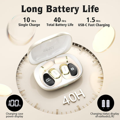 OHAYO Open Ear Headphones,Earbuds with Ergonomic Earhook,Bluetooth Headphones 5.4 with Smart Digital Display,40H Playtime,IPX6 Waterproof,Touch Control Earphones Fit Cycling,Running,Workout(Beige)