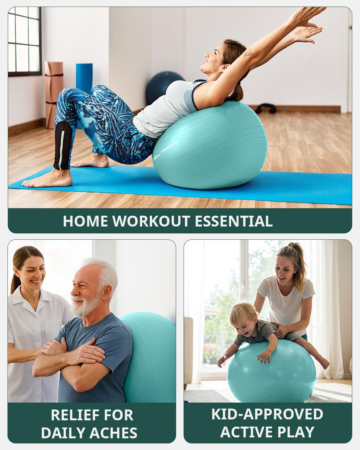 Trideer Yoga Ball – Anti-Burst Exercise Ball for Pregnancy, Office, Birthing, Stretching & Core Workout – Home Gym & Therapy
