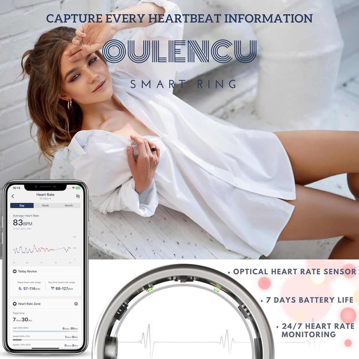 Smart Ring for Women&Men, Activity/Sleep/Fitness/Heart Rate/HRV/Stress/Women's Health Tracker-IP68 Waterproof for iPhone and Android, No Subscription Fee Required (Gold, #7-54.4mm/2.14")