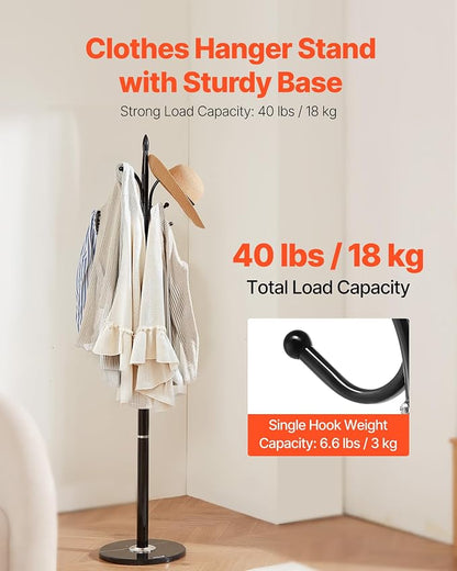 VEVOR Coat Rack Freestanding, Coats Tree Stand with Stable Marble Base & 6 Hooks, Free Standing Hall Coat Rack for Entryway, Bedroom, Office, Living Room, Modern Clothes Hanger for Coats, Hats, Bags