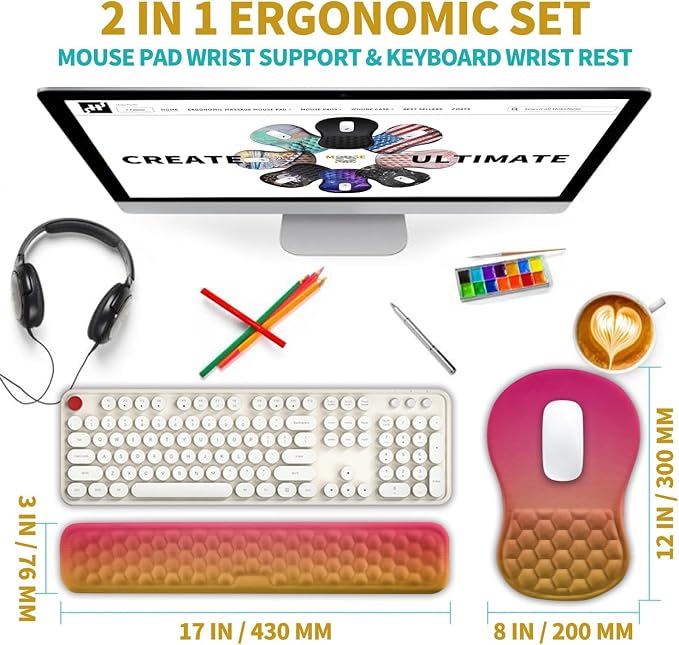 Hokafenle 2 in 1 Ergonomic Mouse Pad Wrist Support & Wrist Rest for Computer Keyboard Set, with Relieve Carpal Tunnel Pain Massage Bulge and Full Memory Gel Design (2In1 Set, Sunset Glow)