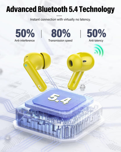 Wireless Earbuds, Bluetooth 5.4 Headphones Bass Stereo, Ear Buds with Noise Cancelling Mic, IP7 Waterproof in Ear Earphones, 36H LED Display Bluetooth Earbuds for Laptop Pad Phones Sports, Yellow