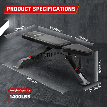 Adjustable Weight Bench with 1400LB Capacity for Home Gym,Heavy Duty Bench,Adjustable Foldable Decline Bench Press, Incline Flat Sit-Ups - Best Home Workout Equipment with Wheels,Black