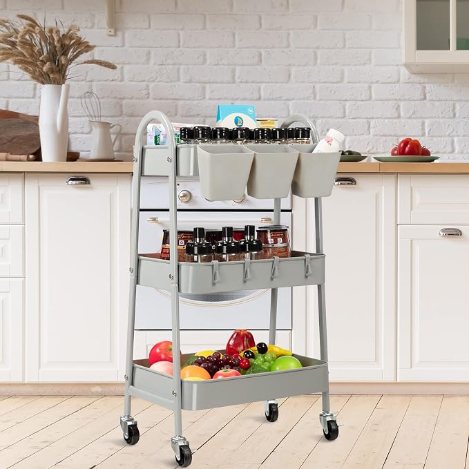 danpinera 3-Tier Rolling Cart, Metal Rolling Storage Cart with Lockable Wheels & Hanging Cups & Hooks, Mobile Trolley Cart for Kitchen, Bathroom, Office, Workshop, Gray