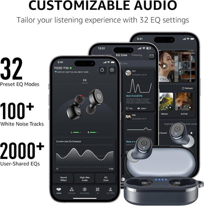 TOZO T10 Wireless Earbuds Bluetooth 5.3 Headphones, App Customize EQ, Ergonomic Design, 55H Playtime, Wireless Charging Case, IPX8 Waterproof Sound in-Ear Headset, 2025 New Version