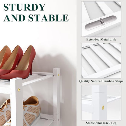 Smiry Long Bamboo Shoe Rack, 3 Tier Free Standing Wooden Shoe Organizer, Stackable Wood Shoe Storage Shelf for Closet, Entryway, 12 Vertical Slats, 2+1 Stack Standard Legs, 33.7"x11"x19.5", White