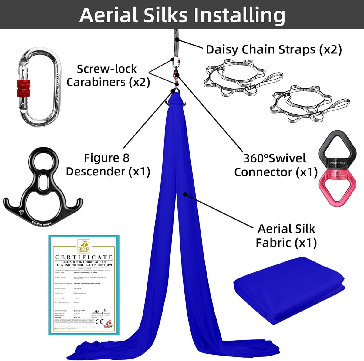 PRIOR FITNESS Aerial Silks Kit Colorful 9/15/20 Yards 40D Nylon Fabric Hammock Set With Hardware & Guide for All Levels Of Aerial Yoga Practice and Acrobatic Flying For Adults Aerial silk