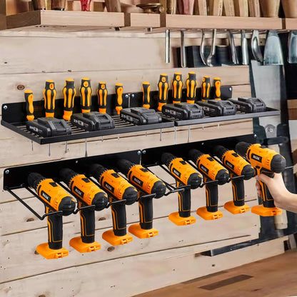 Power Tool Organizer with Charging Station, Drill Holder, Wall Mount, Garage Storage Shelves, Heavy Duty Pegboard Wall Organizer Set, Solid Metal, Black, 2 Pack, 4 Set
