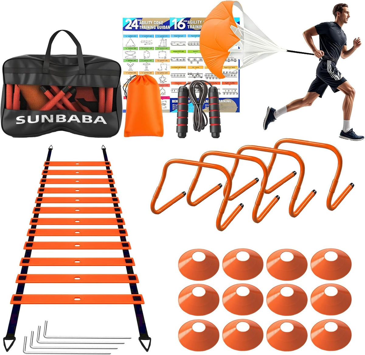 Agility Ladder Speed Training Equipment Set with 20ft Agility Ladder,4 Hurdles,12 Cones,Jump Rope,Running Parachute-Ideal Training Equipment for Kids Youth Adults in Soccer Football Basketball