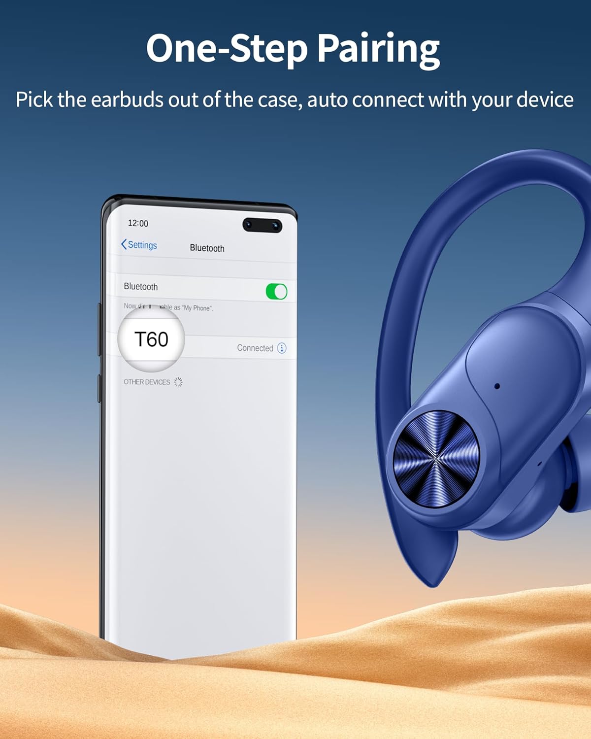PocBuds Bluetooth Headphones Wireless Earbuds 80hrs Playtime Wireless Charging Case Digital Display Sports Ear Buds with Earhook Deep Bass IPX7 Waterproof Over-Ear Earphones for TV Phone Laptop Navy