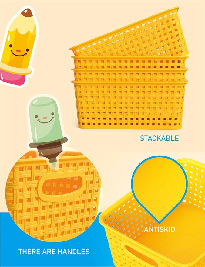 WYT 6-Pack Plastic Small Shelf Storage Weave Baskets Organizing for Cabinets and Pantries, Yellow