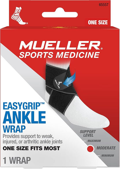 MUELLER Sports Medicine Easy Grip Adjustable Ankle Wrap, Ankle Pain Relief Support for Men and Women, Ideal for Sprains, Strains, Arthritis, Black, One Size