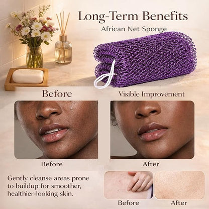 African Net Sponge Authentic, 3 Pieces African Exfoliating Net Sponge Body Back Scrubber Exfoliating Washcloth for Shower Bath for All Types (Pink+Purple+Green, 3 Pcs)