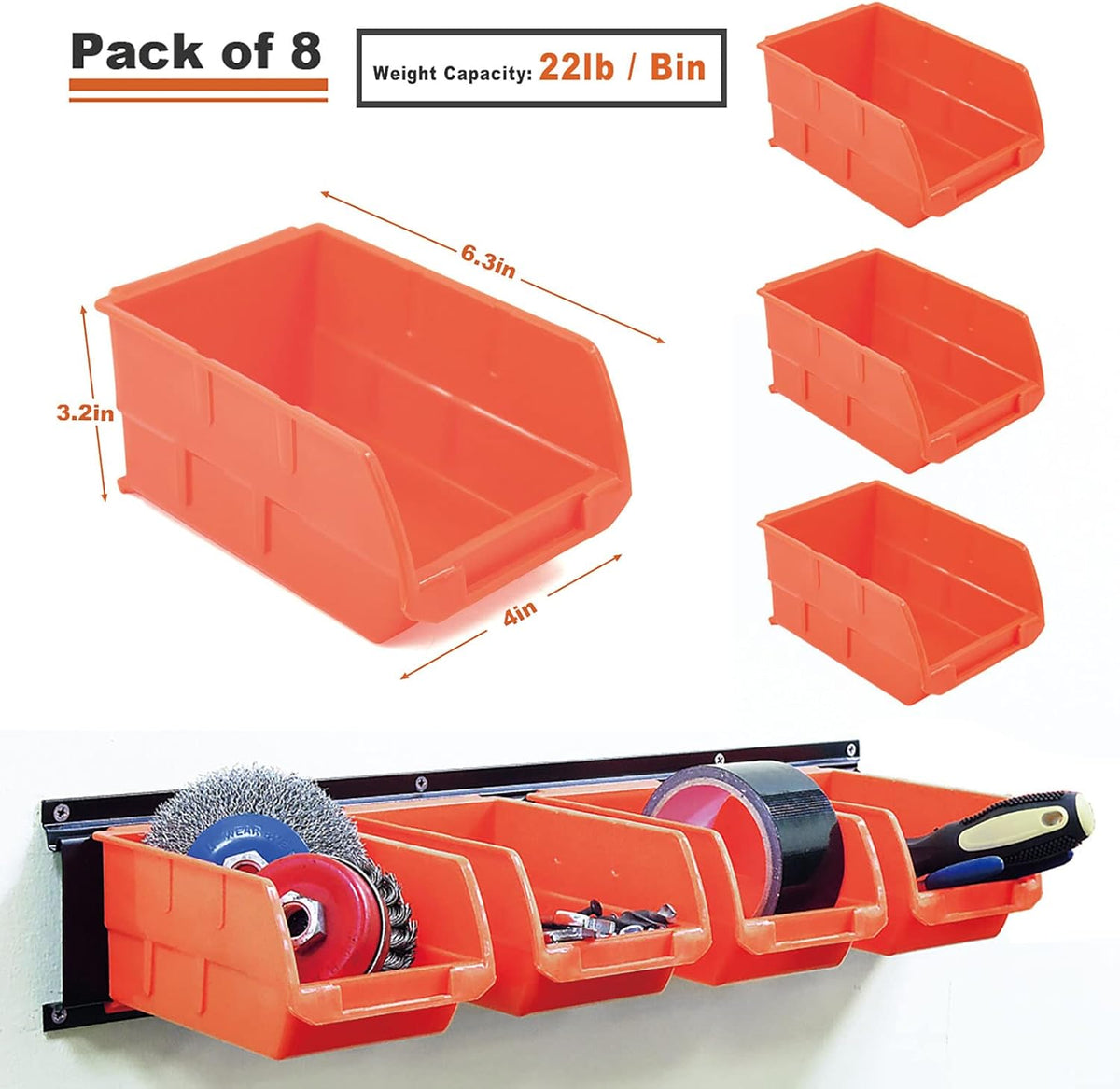 Wallmaster 8-Bin Storage Bins Garage Rack System 2-Tier Orange Tool Organizers Cube Baskets Wall Mount Organizations (Orange)