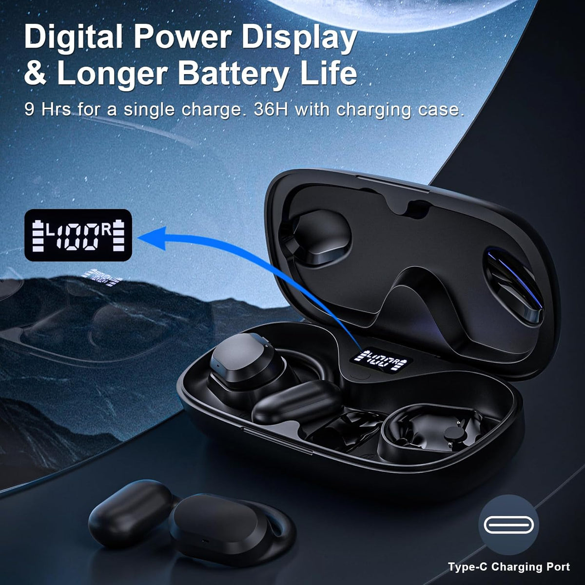 Open Ear Headphones, Open Ear Earbuds, IPX7 Waterproof, Bluetooth 5.3 True Wireless Sports Over Ear Earbuds with Earhooks, Built-in Mic, Crystal-Clear Calls for Running Workout Cycling Driving