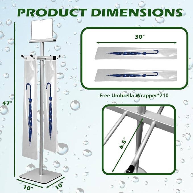Umbrella Bag Stand, Umbrella Holder Stand with Free 200 Disposable Large Plastic Umbrella Bags, Wet Umbrella Bags Stand