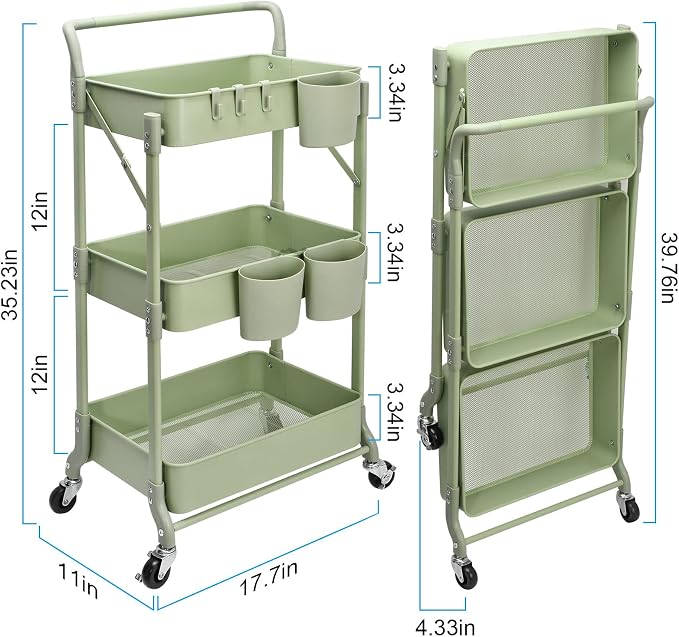 Foldable 3 Tier Rolling Cart, Metal Utility Cart, Folding Mobile Multi-Function Storage Trolley Organizer Cart for Home Library Office(Green)
