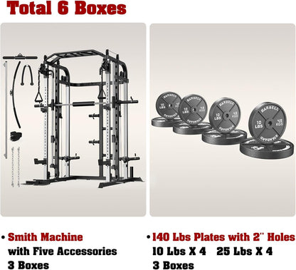 Smith Machine, Multifunctional Power Cage Rack with Smith Bar and Cable Pulley System, and LAT Pull Down Machine for Home Gym…