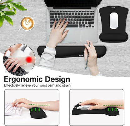 MOSISO Wrist Rest Support for Mouse Pad & Keyboard Set, Ergonomic Mousepad Non-Slip Base Home/Office Pain Relief & Easy Typing Cushion with Neoprene Cloth & Raised Memory Foam, Black