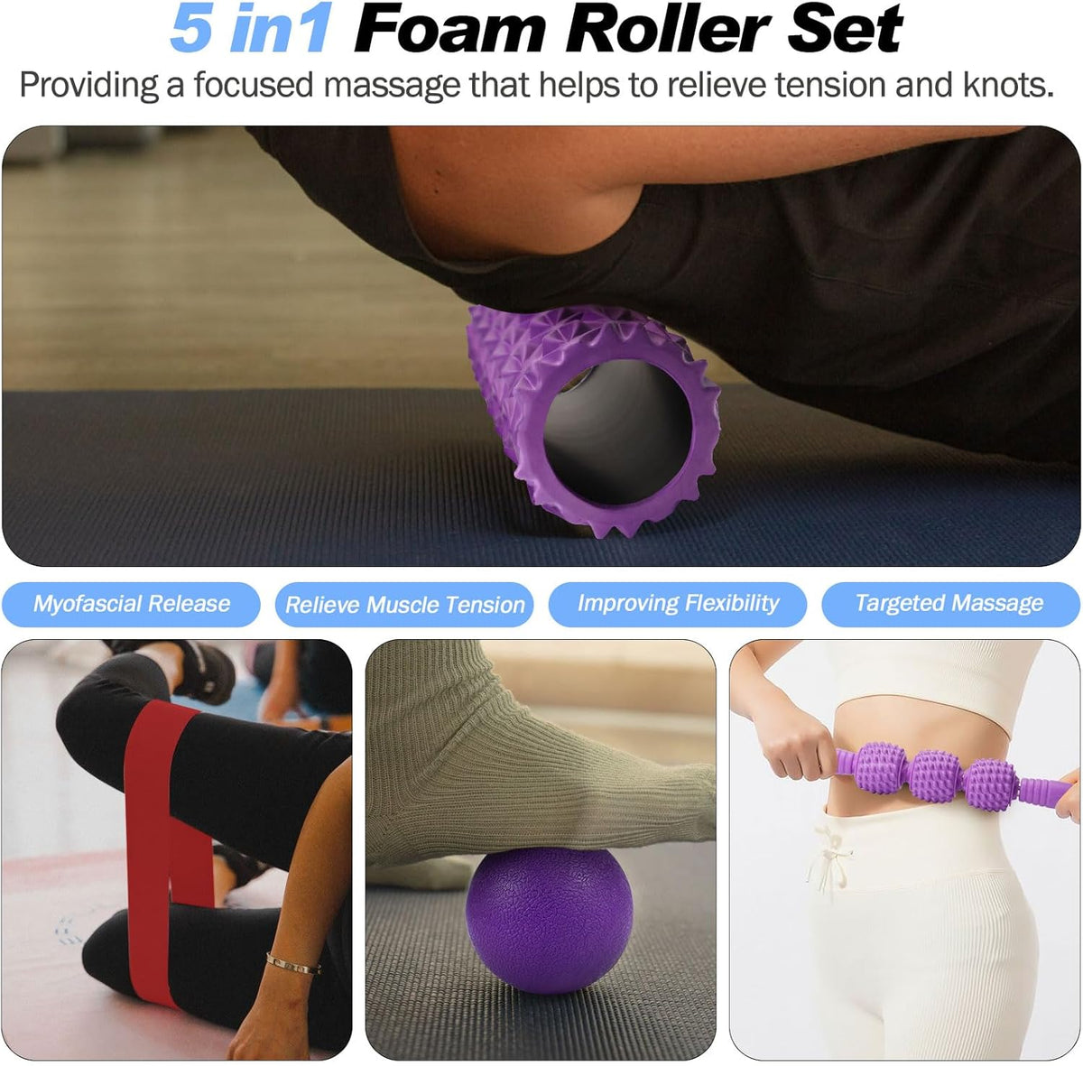 5 in 1 Foam Roller Set Trigger Point Foam Roller, Massage Roller Stick, Massage Ball, Stretching Strap for Deep Muscle Massage Pilates Yoga, Fitness Exercise for Whole Body (Purple Diamond)