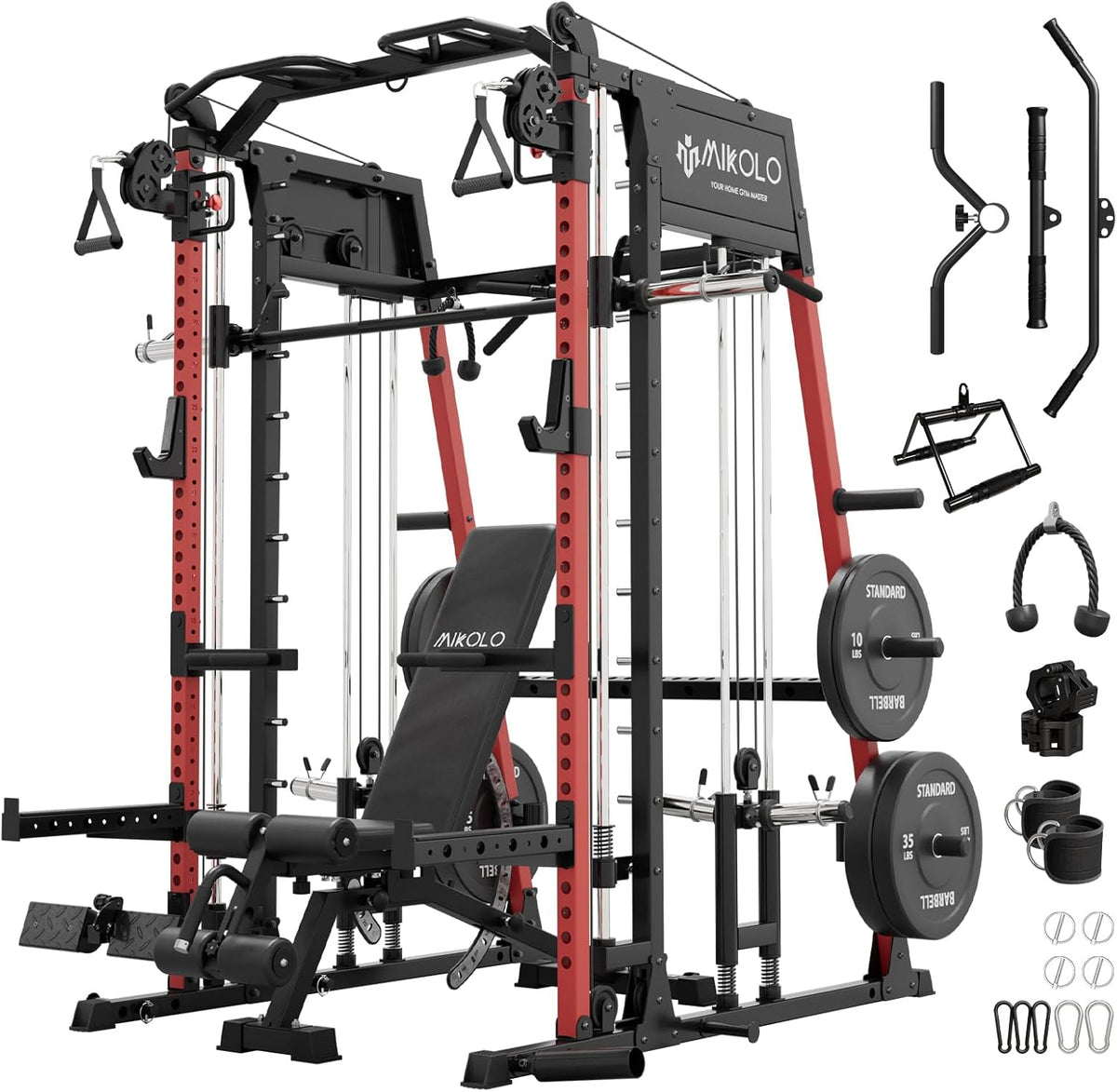 Mikolo Smith Machine, 2200lbs Squat Rack with LAT-Pull Down System & Cable Crossover Machine, Training Equipment with Leg Hold-Down Attachment