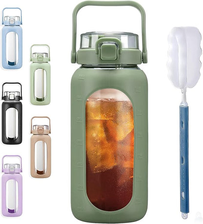 BLUEGO 64oz Glass Water Bottles with Straw Time Marker Half Gallon Large Motivational Water Bottle with Silicone Sleeve 2 Liter Large Glass Water Jug for Gym, Sports& Workout, Daily, 02 Olive