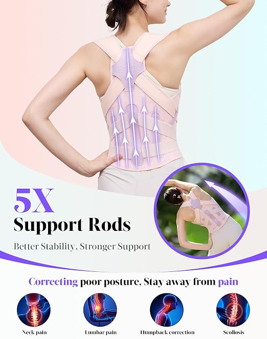 Posture Corrector for Women and Men, Full Back Support Brace, Adjustable Shoulder Straightener, Improving Posture, Relief Upper and Lower Back, Neck Pain, Pink, Medium