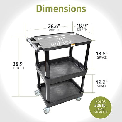 Pearington 3-Shelf Multipurpose Mobile Utility Cart with 2 Bins and Lockable Wheels, Heavy-Duty Plastic Rolling Presentation Cart for Offices and Warehouses, Black