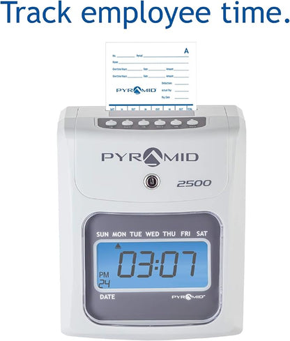 Pyramid Time Systems - 2500 Auto-Aligning Time Clock Bundle [2500K1] | Employee Time Clock, for Small Business, System With 100 Time Cards, 2 Ribbon Cartridges, 10-Slot Rack & Security Keys