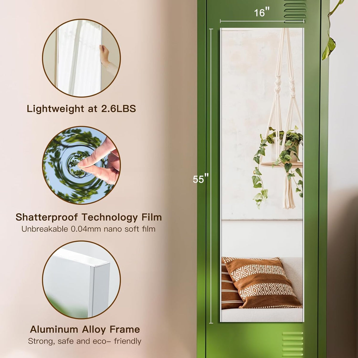 55"x16" Magnetic Mirror Lightweight Full-Length Mirror | Strong Adhesion, Easy Installation | Suitable for Refrigerators, Glass Walls, Wooden Doors, and More | 8.2kg Ultra-Strong Support | White