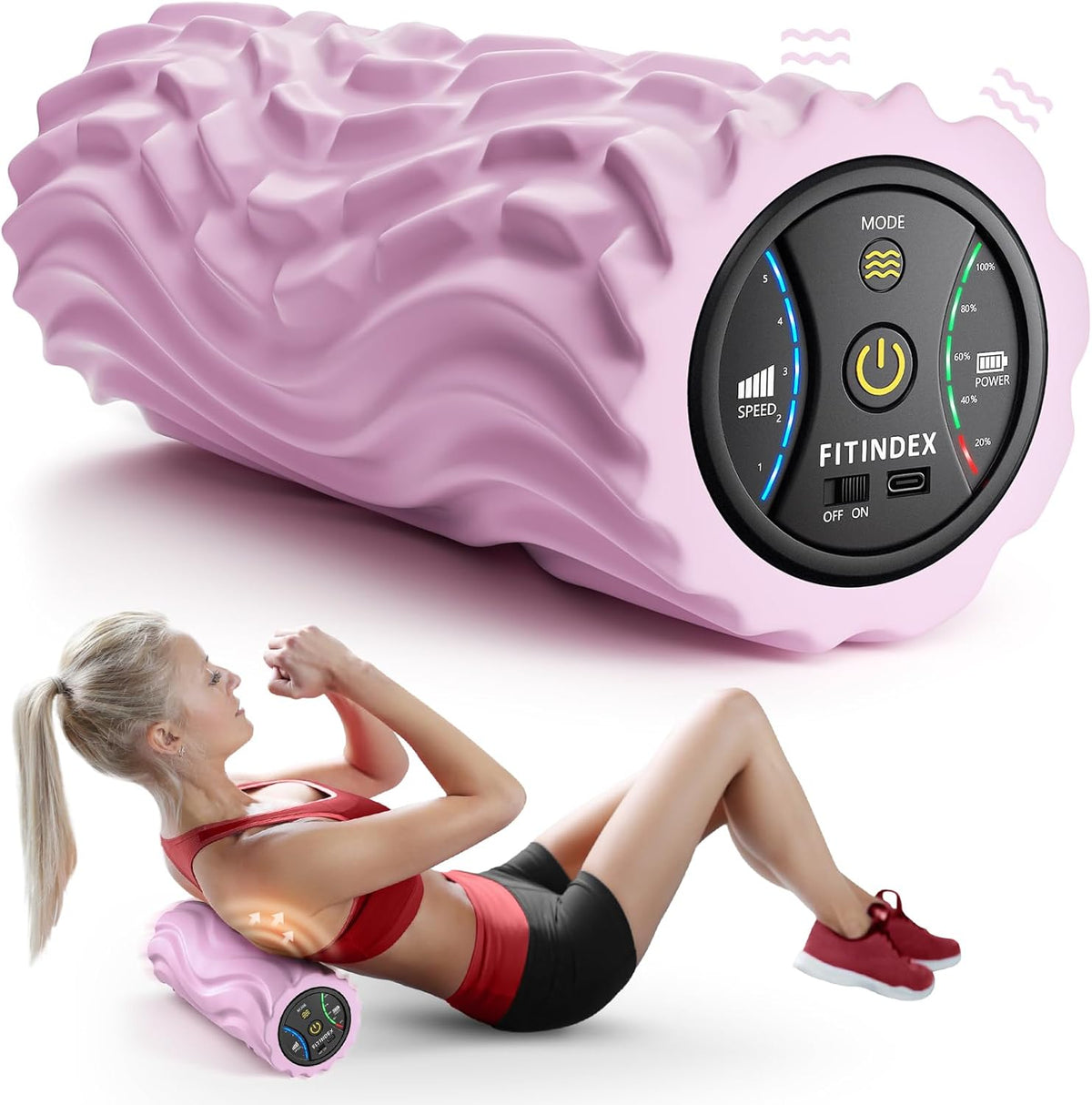 FITINDEX Vibrating Foam Roller for Back Pain, 5-Speed Foam Roller Muscle Massage, Exercise, Yoga, Muscles Deep Tissue, Pilates, Physical Therapy, Recovery, Neck, Leg, Rechargeable, Pink