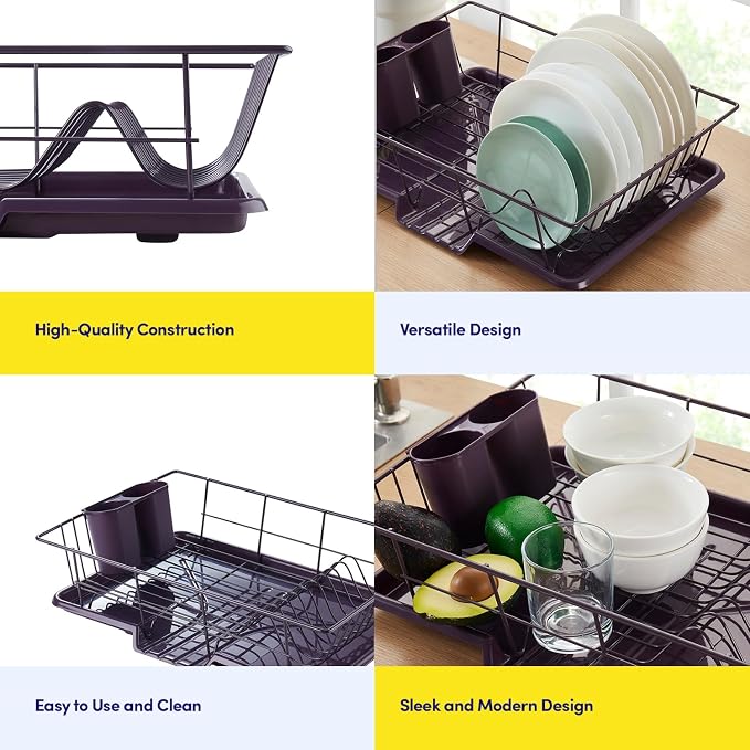 Space-Saving 3-Piece Dish Drainer Rack Set: Efficient Kitchen Organizer for Quick Drying and Storage - Includes Cutlery Holder and Drainboard - Maximize Countertop Space, Eggplant Purple